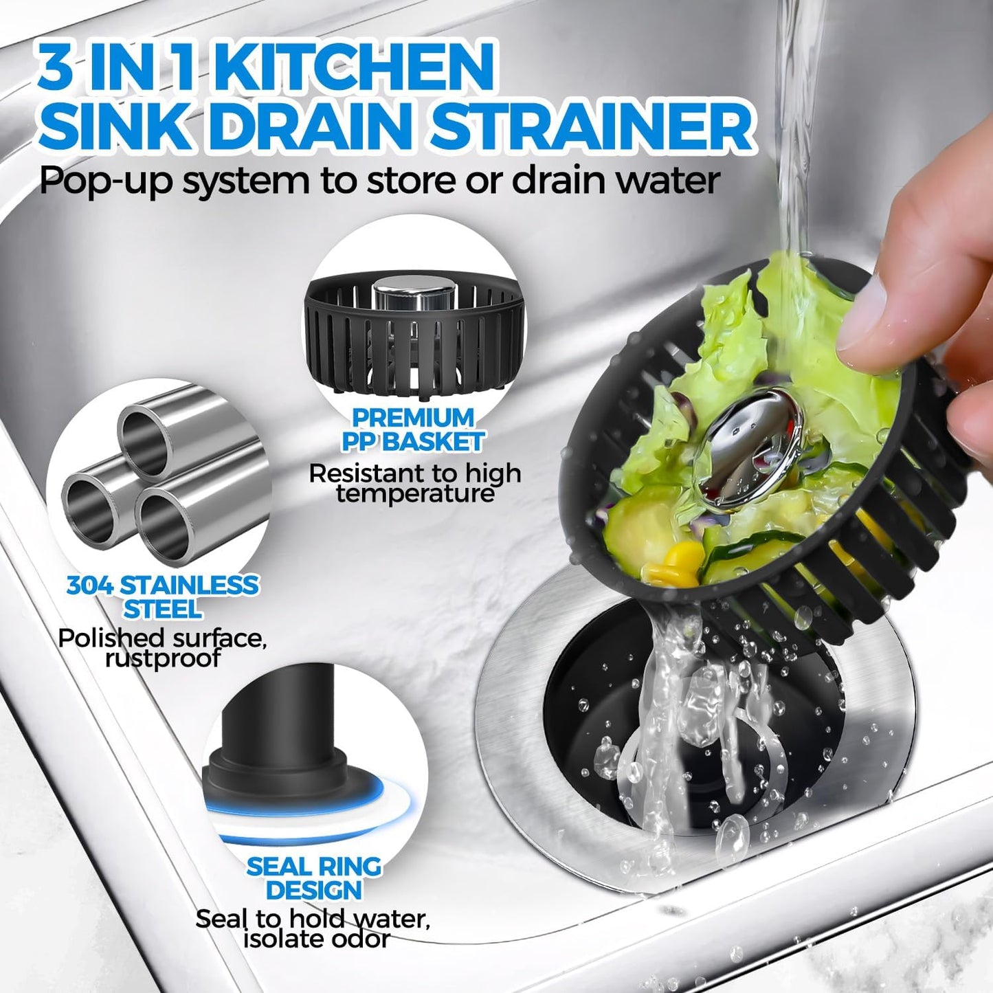 3 in 1 Kitchen Sink Drain Strainer Stopper Removable Basket Pop-Up | Kitchen Sink Food Strainer 1 Pack Silver Stainless - Food Catcher, Odor-Block Seal, Fits 3.5" Drain, Easy Clean