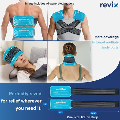 REVIX Ice Packs for Injuries Reusable, 2 Packs Hot & Cold Gel Ice Packs with PVC Cooling Design & Adjustable Strap, Flexible Therapy on Joints, Muscles, Shoulder, Back and Knee (10" x 5" Blue)