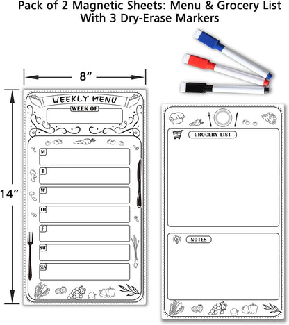 Magnetic Weekly Menu Planner for Fridge: 2 PCS 8x14 Inch Dry Erase Boards with Meal Plan and Grocery List, Dinner Calendar Magnets for Family Kitchen