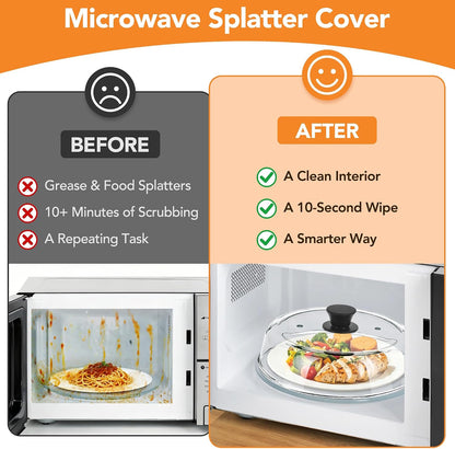 AUFKXOO 10 inch Glass Microwave Cover for Food,2-in-1 Microwave Splatter Cover with Silicone Pad, Microwave Plate Lid with Vent Holes & Easy-Grip Handle