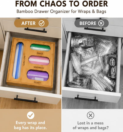 6-in-1 Bamboo Kitchen Drawer Organizer for Storage Bag, Foil & Plastic Wrap | Saran Wrap Dispenser with Cutter, Plastic & Grocery Bag Holder, Bamboo Drawer Organizer, Gallon/Quart Storage Bags