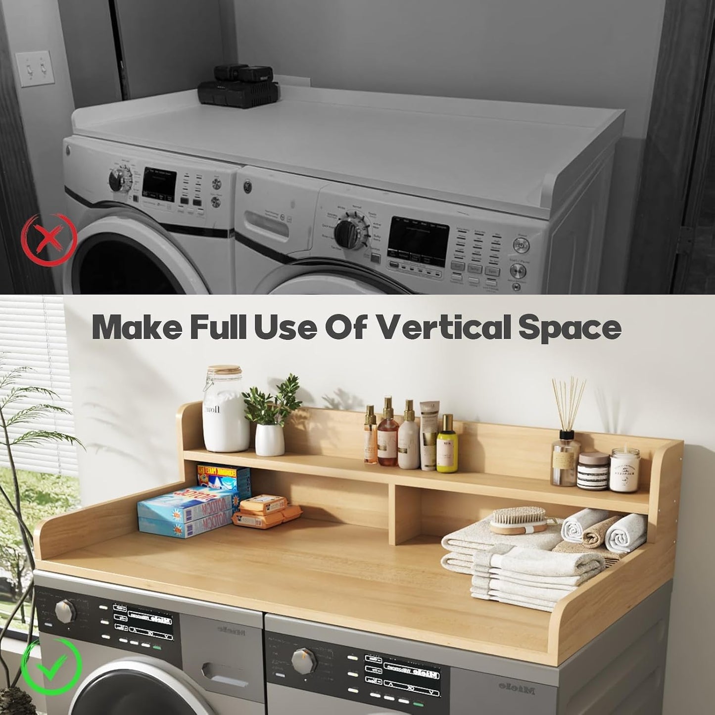 2-Tier Washer and Dryer Countertop with 2.75" H Guard,54" W x 27.5" D Laundry Countertop Cover with Non-Slip Pad,Large Space Laundry Topper for Folding Clothes Over Washer and Dryer-White