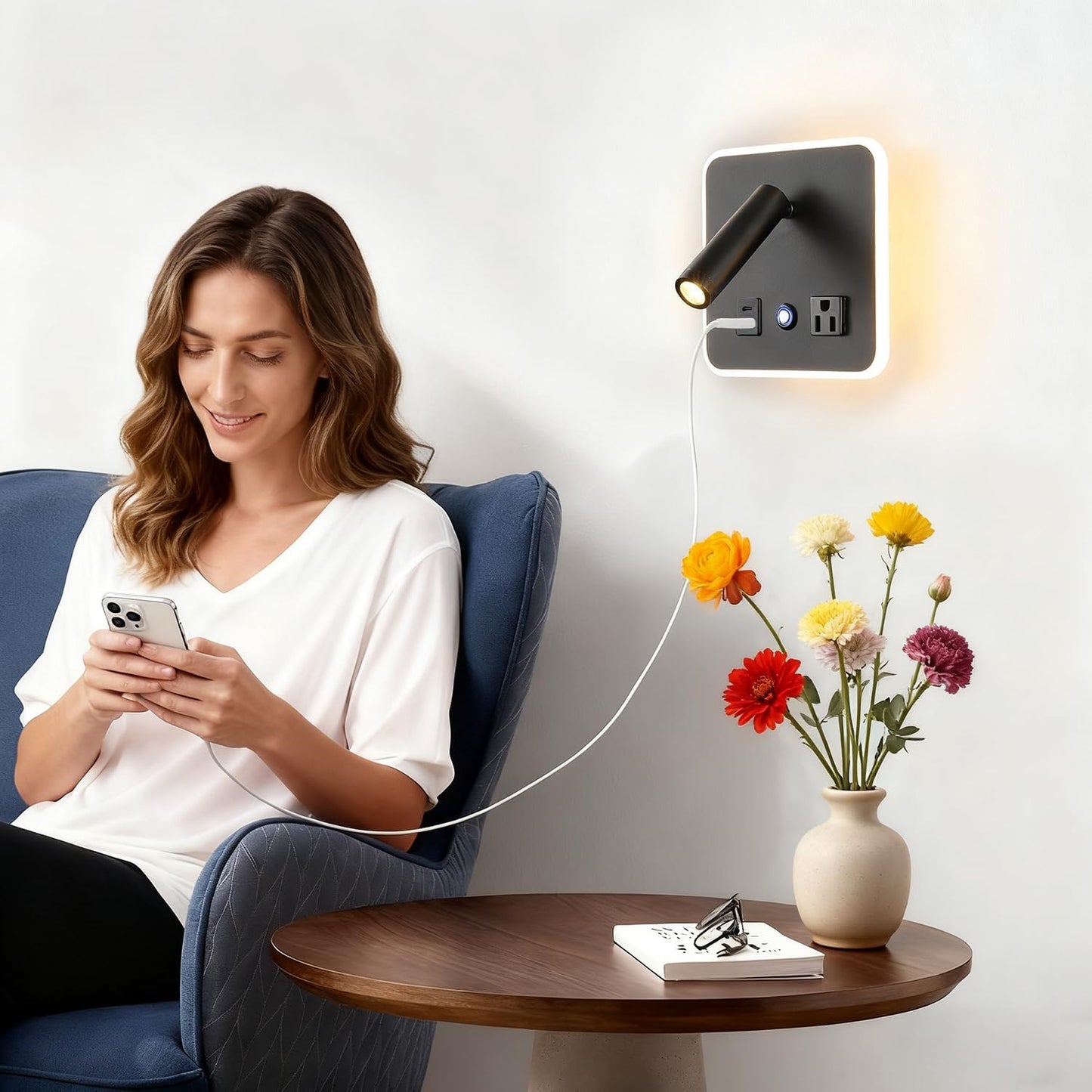 LED Headboard Reading Lamp, Dimmable Wall Sconce with USB-A/USB-C, White | Separate reading and ambient backlight controls, memory dimmer, adjustable angles, plug-in/hardwired, bedroom, bedside, hotel