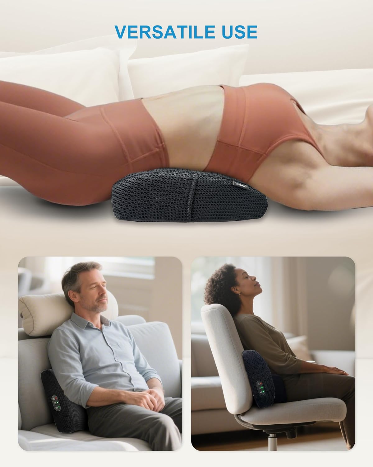 Beleduc Lumbar Support Pillow for Office Chair - Heated Back Support Pillow with Vibration Massage, Ergonomic Back Massager for Chair, Adjustable Vibration, 2 Heat Levels, Gifts
