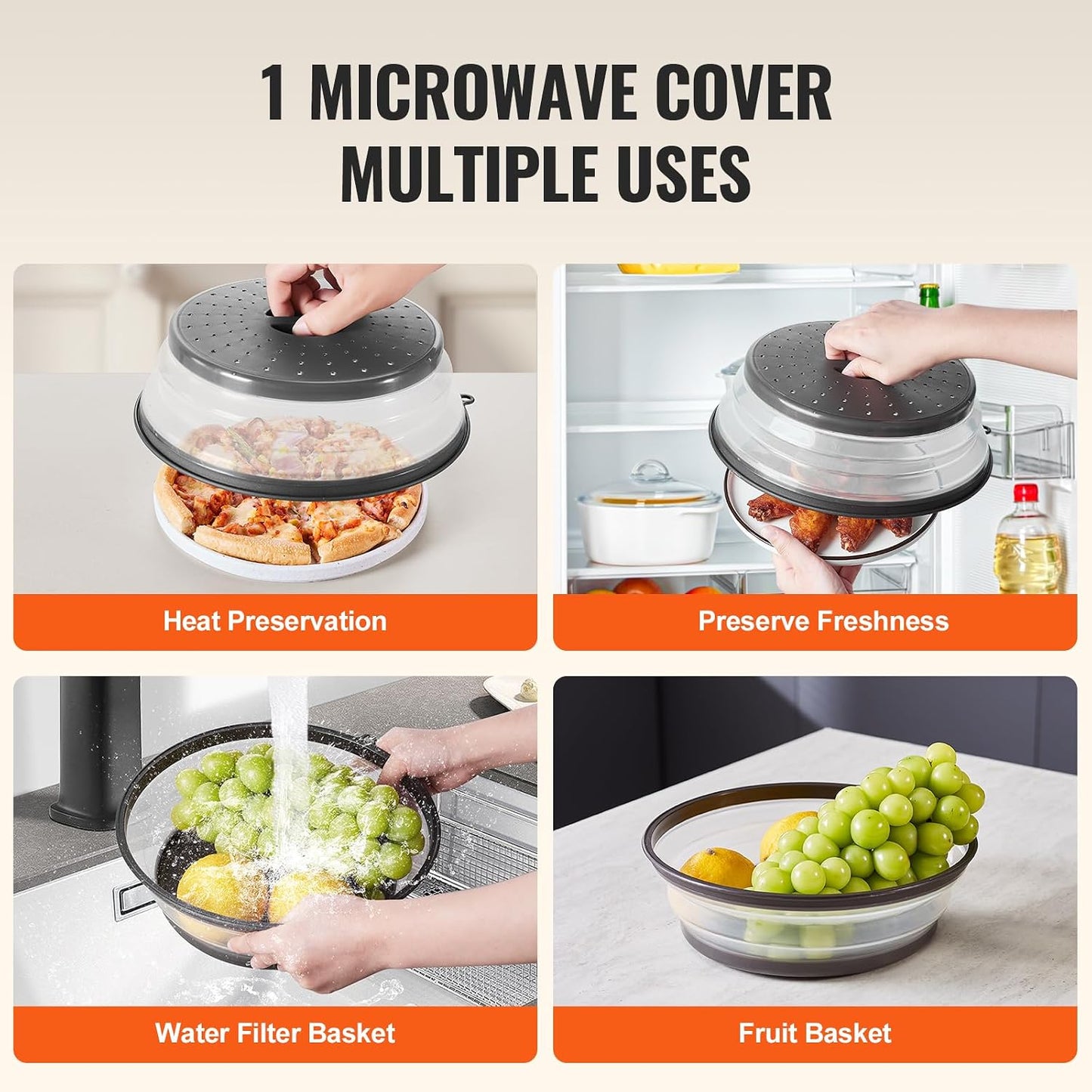 VEVOR Microwave Splatter Cover & Mat, 10.8" Collapsible Microwave Lid for Food, 500°F Heat-Resistant Silicone & Tempered Glass Splatter Guard for Plate Dish, Multi-Purpose Kitchen Gadget with Handle