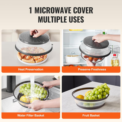 VEVOR Microwave Splatter Cover & Mat, 10.8" Collapsible Microwave Lid for Food, 500°F Heat-Resistant Silicone & Tempered Glass Splatter Guard for Plate Dish, Multi-Purpose Kitchen Gadget with Handle
