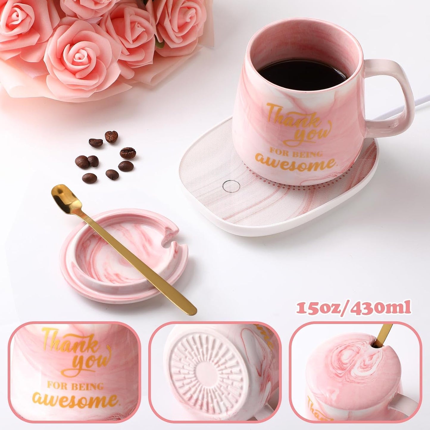 Nitial Thank You Coffee Warmer with Mug Set for Women Thank You for Being Awsome Pink Marble Mug Warming Set Employee Appreciation Gifts Birthday Gift for Coworker Volunteer Teacher