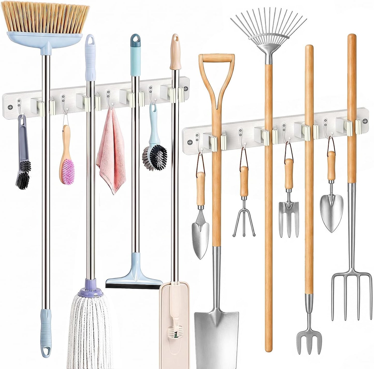 Broom Holder Wall Mount, 4 Holders 4 Hooks Mop and Broom Organizer | Mop Holder Wall Mount and Broom Hanger for Garage, Laundry Room, Kitchen and Utility Storage