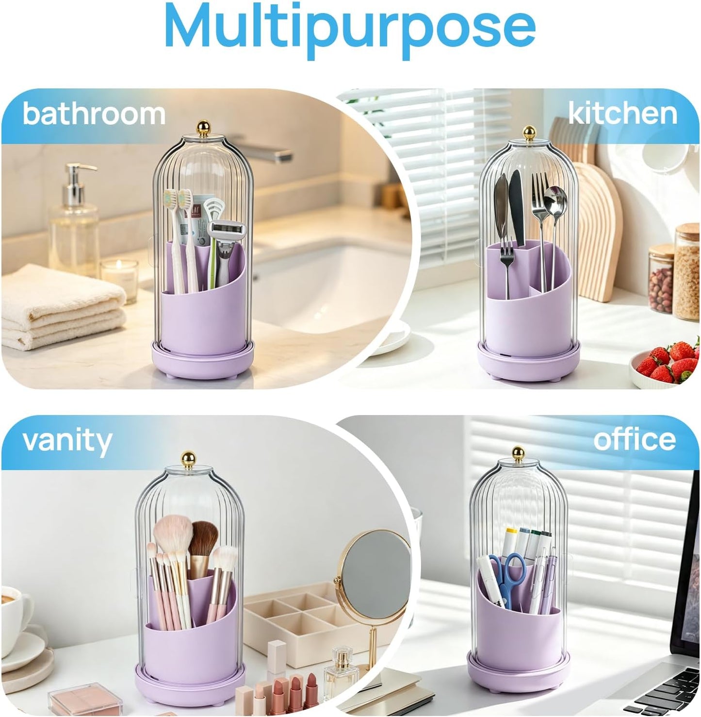 Toothbrush Holders with Cover Toothpaste Organizer for Bathroom, White | 360° Rotating, Dustproof Sliding Lid, Drainage Holes, Waterproof, for Kids Electric Toothbrush Makeup Brush Storage