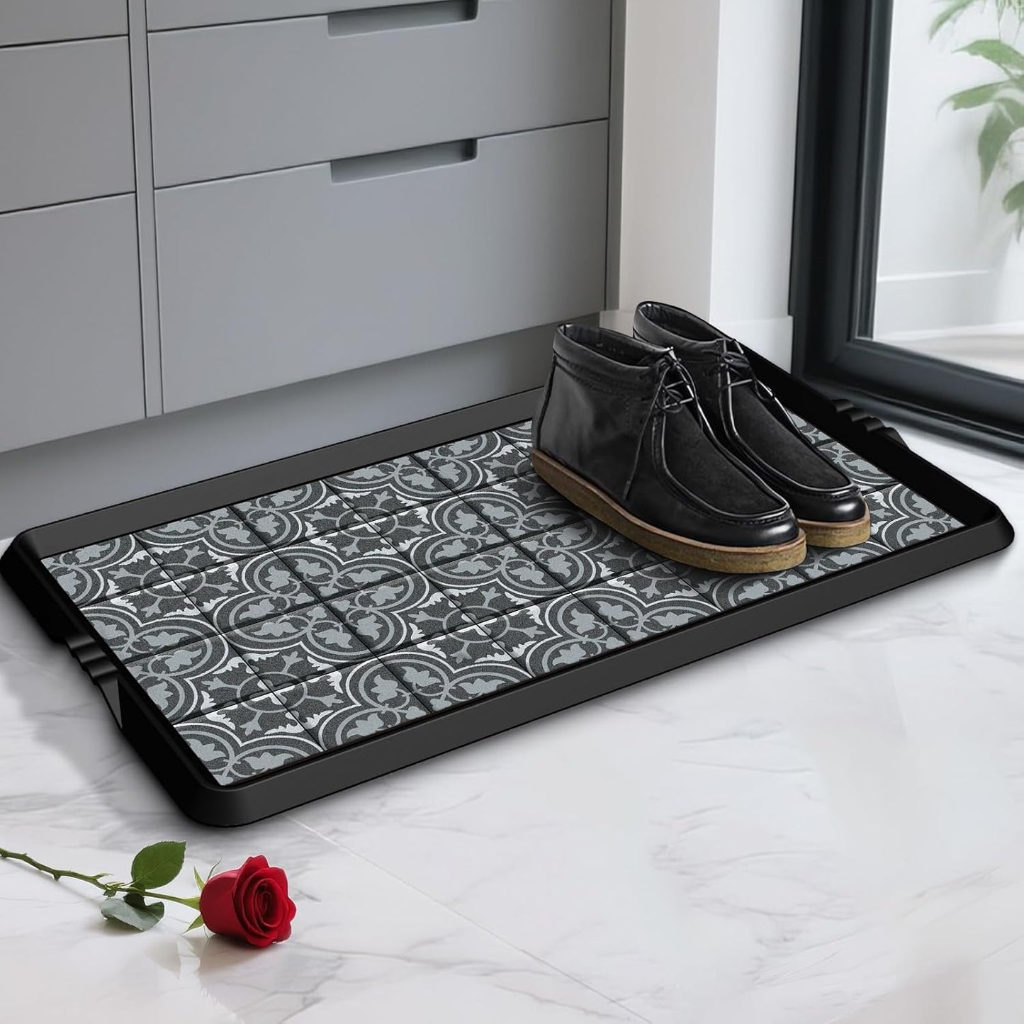 BEHERO Boot Tray Shoe Mat, Rubber Shoe Matt Tray Indoor/Outdoor Use, 16" x27.5" Shoe Cleaning Mat Non-Slip with Raised Edge for Entryways, Decks, and Patios (Black)