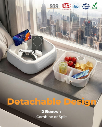 Bedside Caddy with Phone & Kindle Stand, Couch Organizer Tray with Adjustable Tablet Holder, Bed Organizer Storage Basket with Removable Dividers for Remote Controls, Snacks and Bedroom Essentials