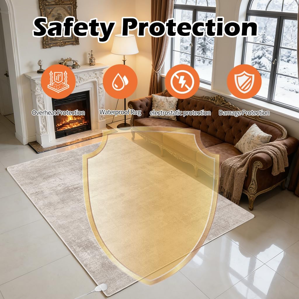 Electric Heated Carpet 35x55in Soft Plush Heating Rug 450W CX | Instant Warmth in 30s, 60 Heat Levels 12h Timer, Energy Efficient Safety Protection Ideal for Home Office Playroom 120V