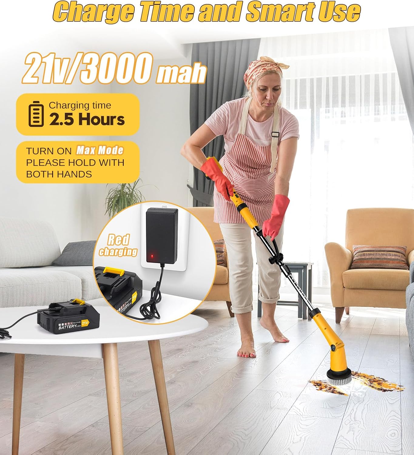 Qimedo Electric Spin Scrubber Q3, 6000mAh, Extra-Large Brush Head, 1200RPM | Floor Scrubber Machine with Long Handle, Cordless Cleaning Brush, 8 Brush Heads and Smart Display for Showers, Tubs and Tile