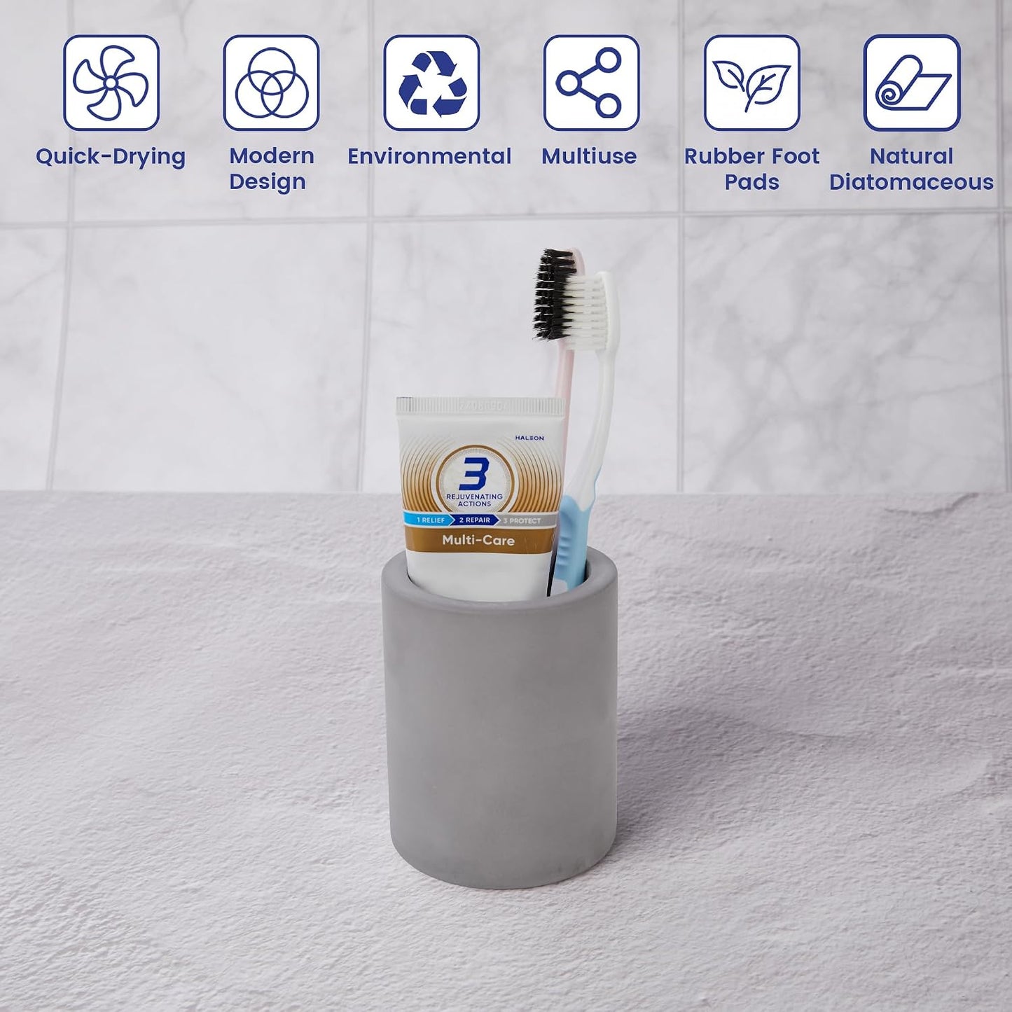 Drying Stone Toothbrush Holder, Diatomite Toothbrush Holders for Bathroom Counter, Quick Drying Electric Toothbrush and Toothpaste Holder Bathroom Organizer, Marble White