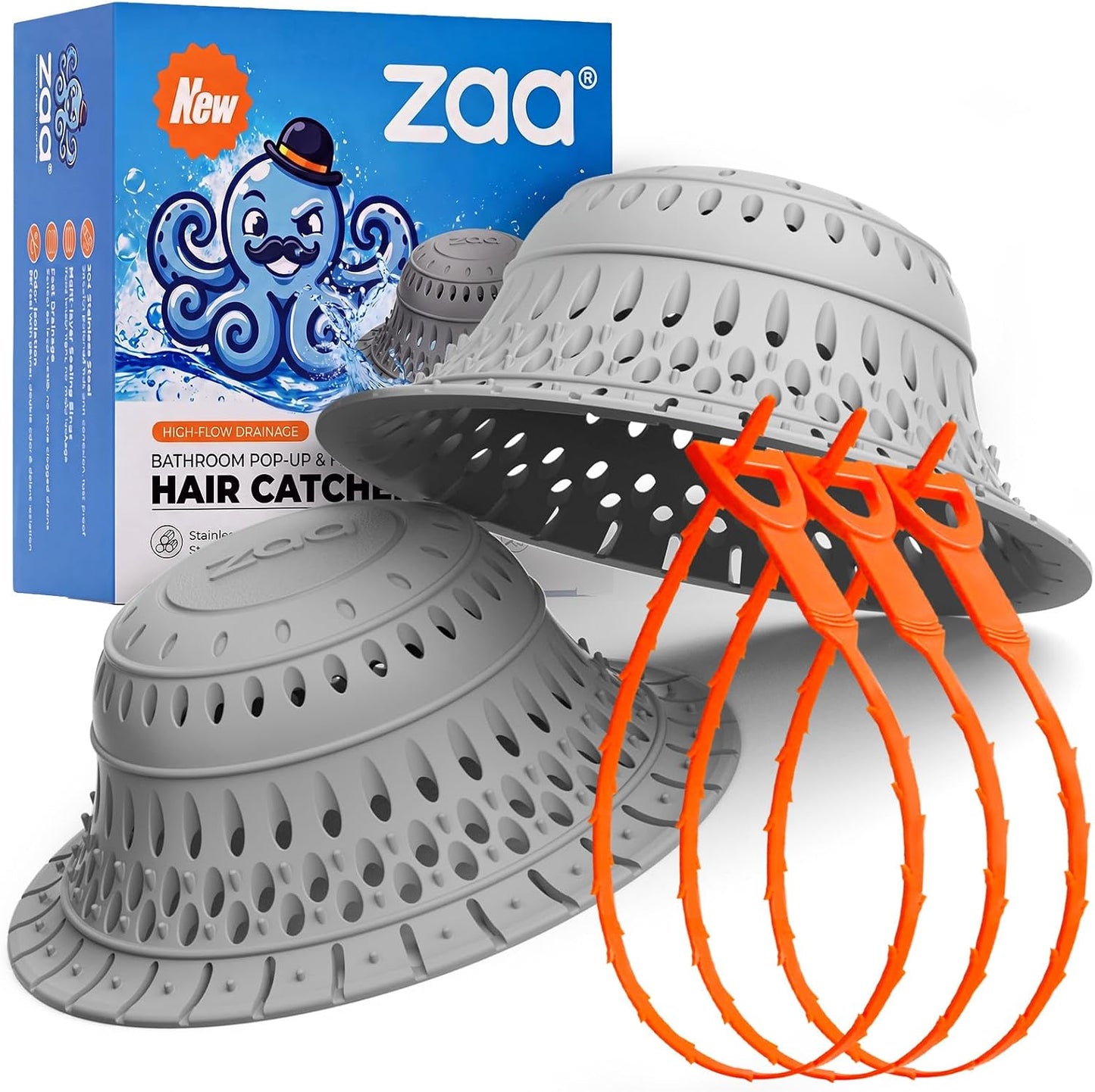 Bathtub Drain Strainer Silicone Bathroom Stopper Fixture Accessories | 2-Pack Gray Collapsible Shower Drain Hair Catcher for Pop Up Tubs, Traps Hair Before Clogs, Easy Clean for Bathroom Sinks