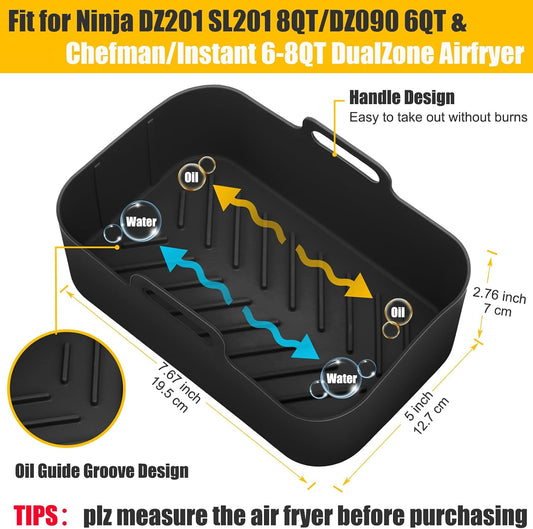 2Pcs Air Fryer Silicone Liners Rectangular for Ninja Foodi Dual DZ201 8QT | DZ090 6QT/Ninja DoubleStack SL201 8QT, MMH Reusable Airfryer Pot Baking Basket | Non-stick | Easy Cleaning | Food Safe | Gray