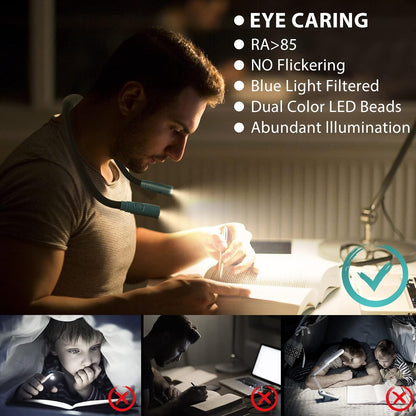 LUXJET Neck Reading Light & Book Light for Reading in Bed - Hands Free, 3 Colors & 6 Brightness Levels, 360° Flexible Arms, 80-Hour Rechargeable - Reading, Knitting, Camping, Repairing