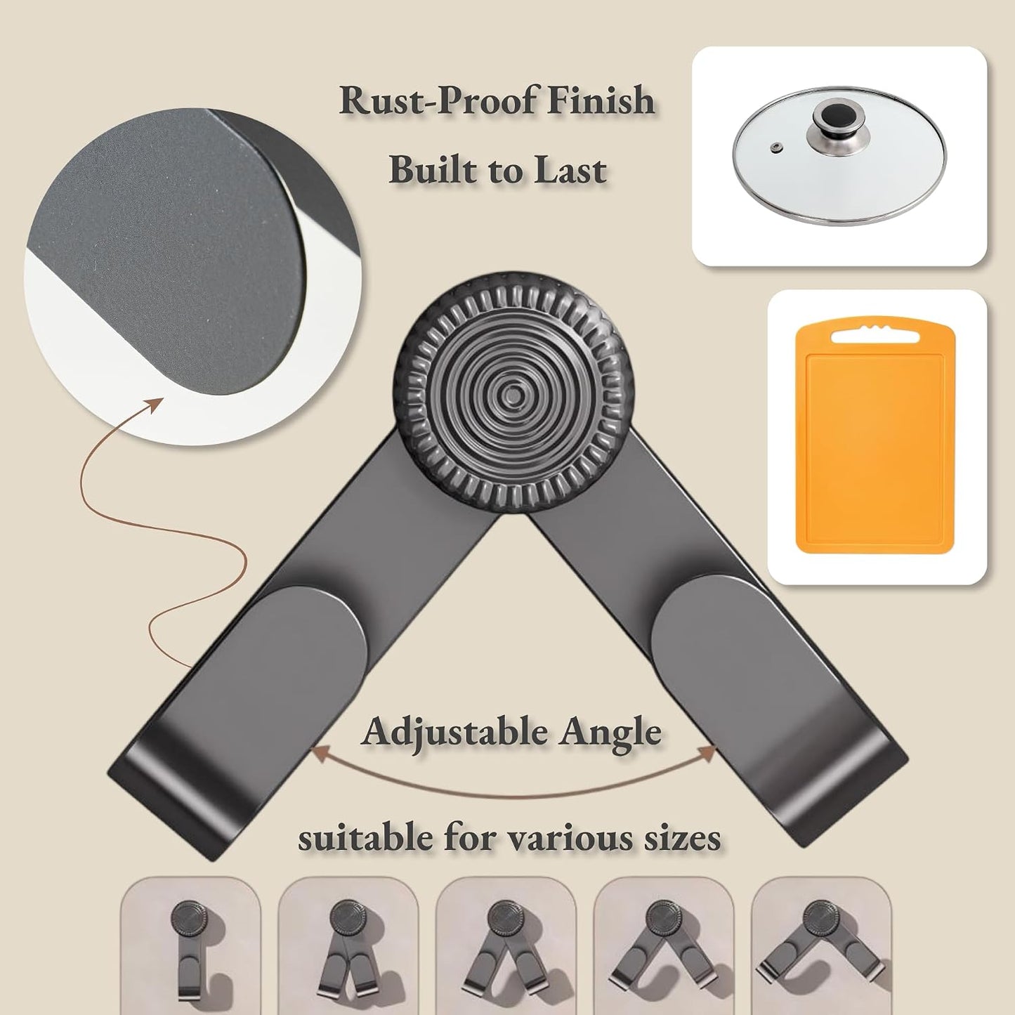 Pot Lid Rack Organizer holder for Cabinet Door/Wall With Suction Cup, No Drilling, Adjustable Rotating Arm Design Fits 6-14" Lids(Charcoal gray)