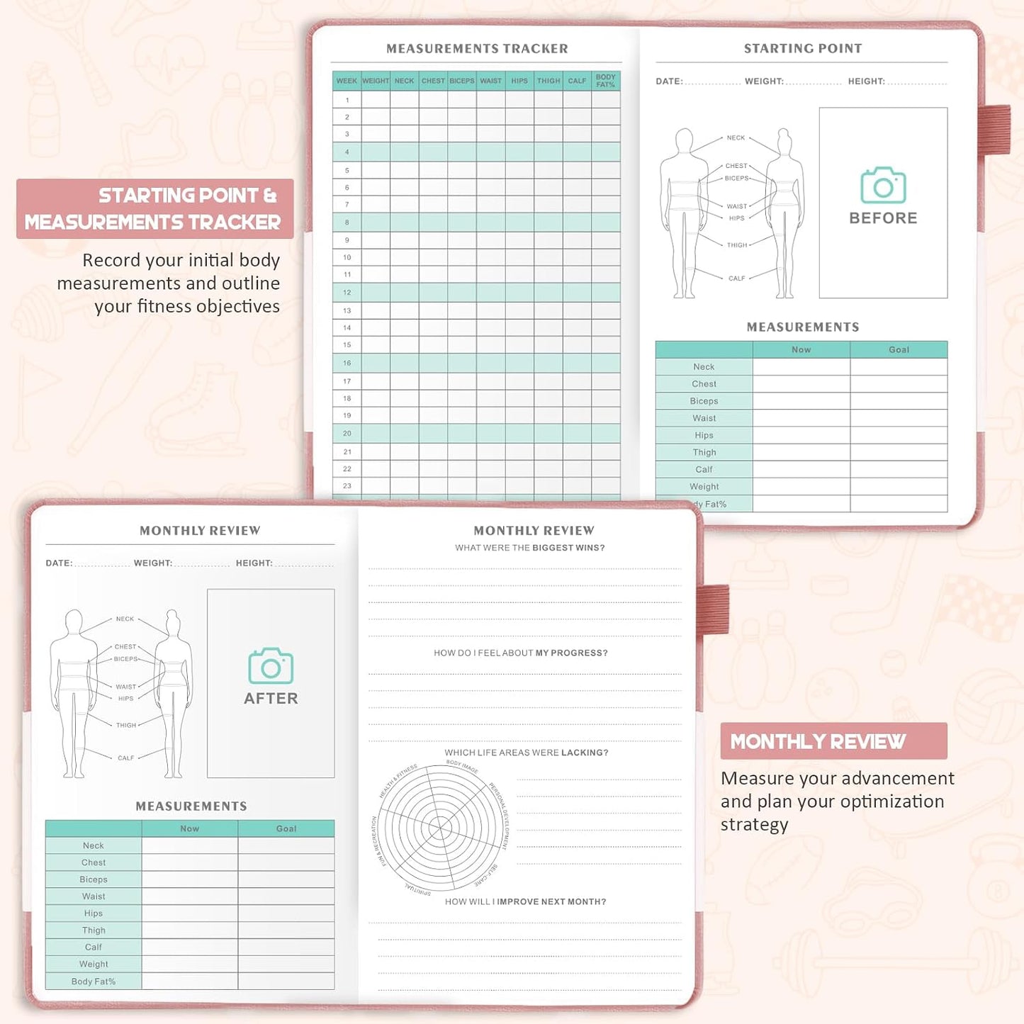 Food Journal & Workout Log Book: Daily Fitness Tracker & Food Diary with Calorie Counter | Exercise Planner Fitness Journal for Gym, Yoga, Weight Loss Goals | Workout Essentials for Women & Men, Green
