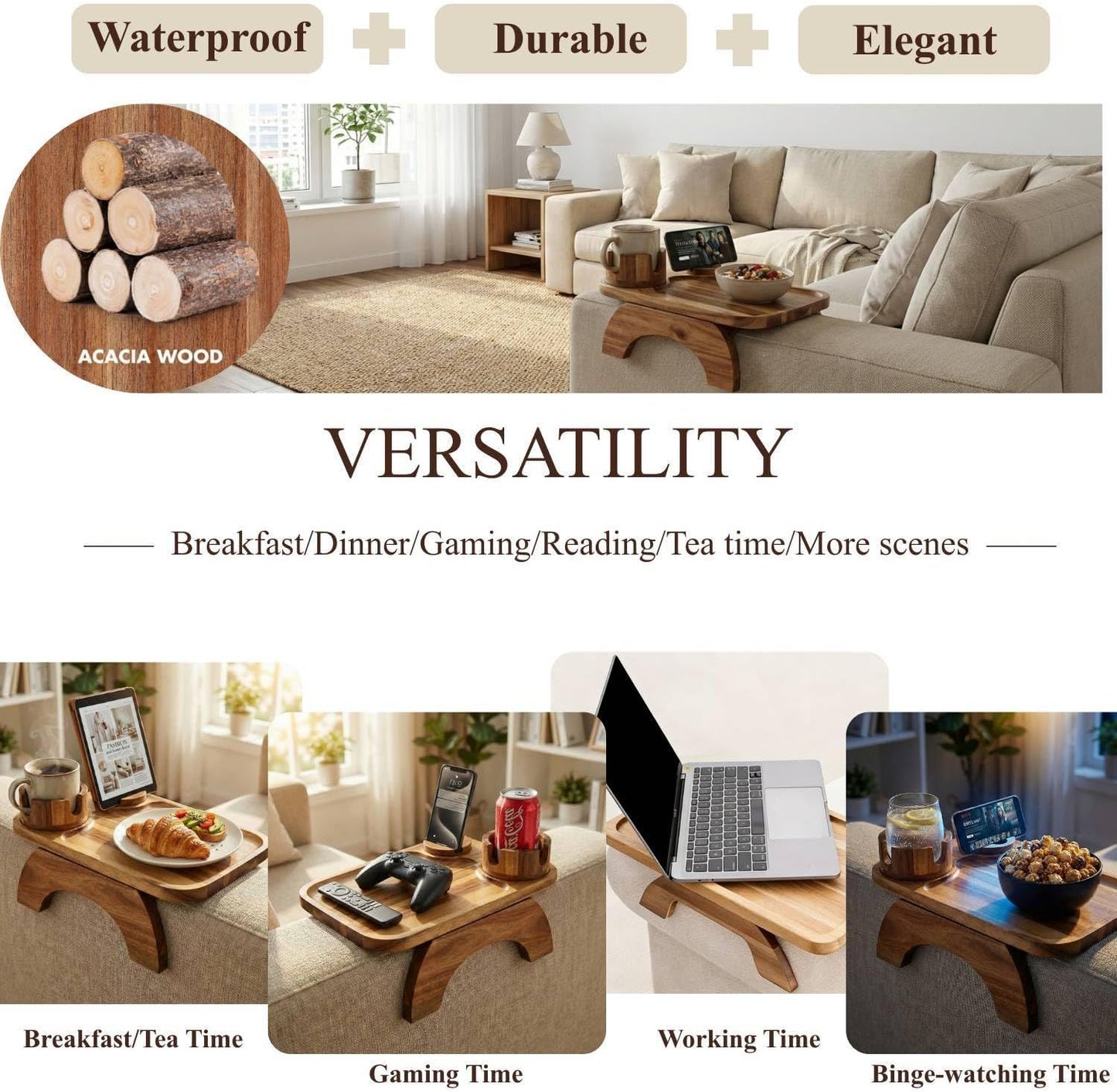 Couch Armrest Table, Acacia Wood Sofa Arm Tray with 360° Rotating Phone & Cup Holder, Clip-On Arm Rest Table for Couch, Anti-Slip Armrest Tray for Snacks & Drinks, 15.4" x 9.8"