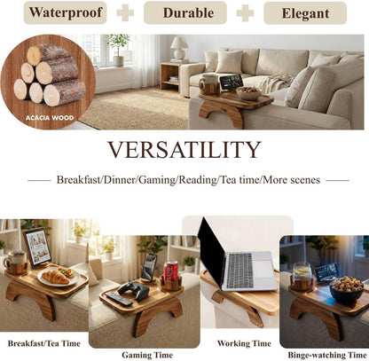 Couch Armrest Table, Acacia Wood Sofa Arm Tray with 360° Rotating Phone & Cup Holder, Clip-On Arm Rest Table for Couch, Anti-Slip Armrest Tray for Snacks & Drinks, 15.4" x 9.8"