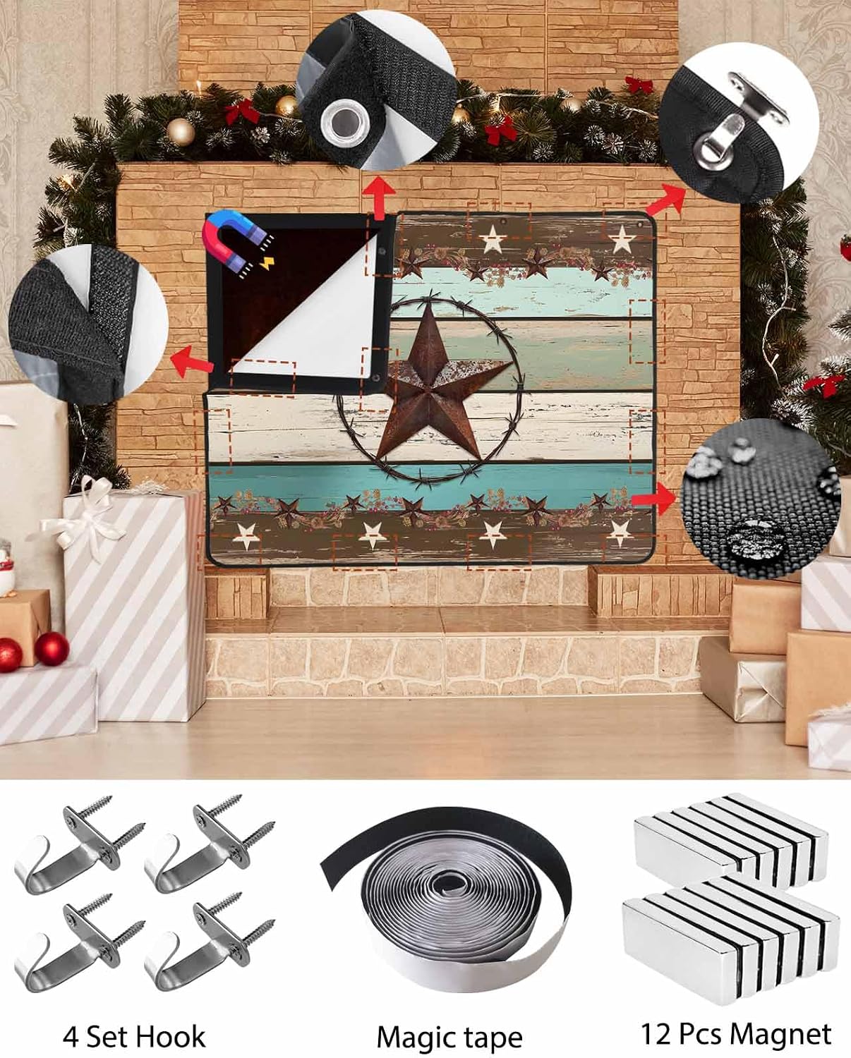 Magnetic Fireplace Cover Texas Star Teal Blue Fireplace Screen Decorative Farm Wood Grain Insulation Fireplaces Blocker Blanket Save Energy Fireplaces Draft Stopper Covers for Living Room 39x32 Inch