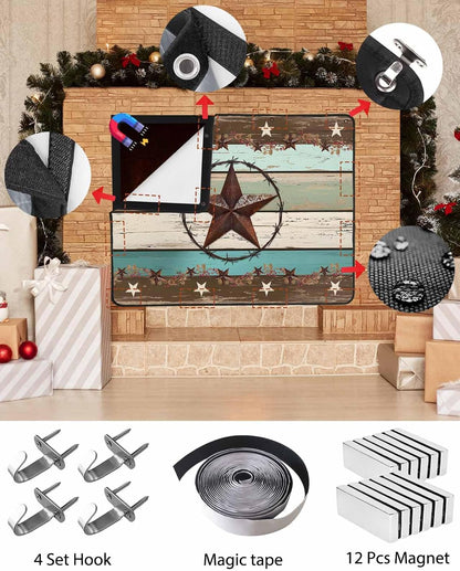 Magnetic Fireplace Cover Texas Star Teal Blue Fireplace Screen Decorative Farm Wood Grain Insulation Fireplaces Blocker Blanket Save Energy Fireplaces Draft Stopper Covers for Living Room 39x32 Inch