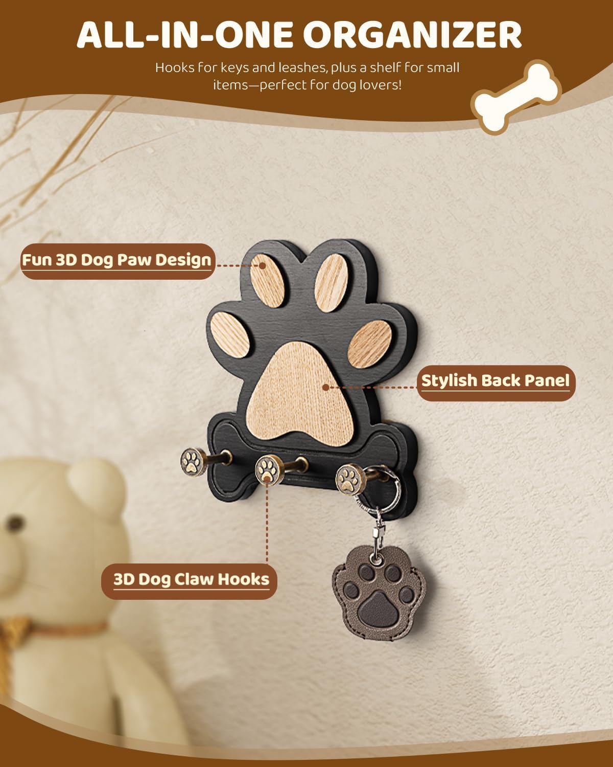 MTERSN Pine Wood Dog Leash Holder for Wall for Dog Walking Station, Black