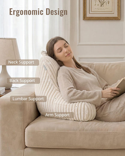 Blissful Diary Reading Pillow, Backrest Pillow with Shredded Memory Foam for Adult & Children, Designed for Bed and Couch Sitting Up, Includes Arms, Pockets and Washable Cover, Off White