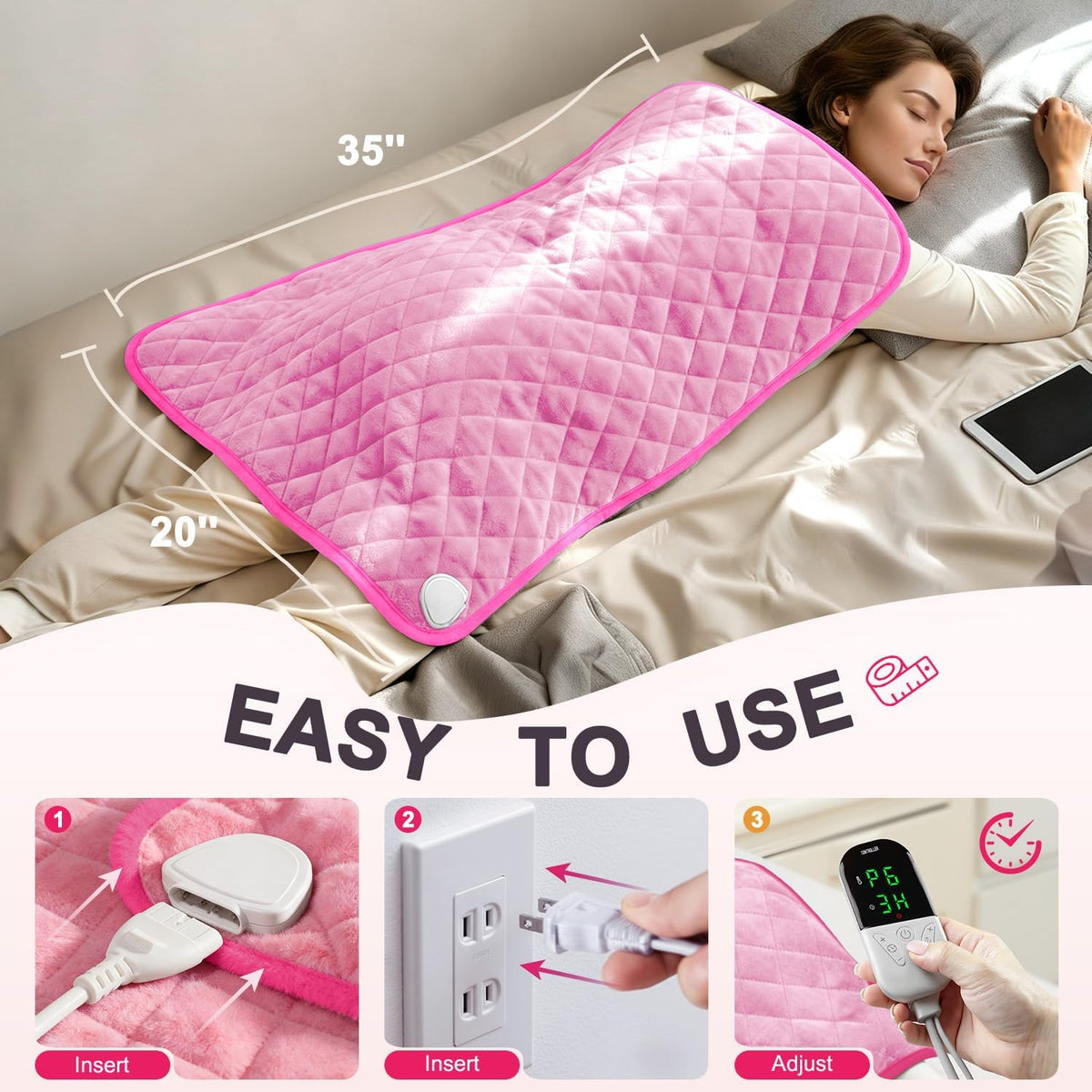 Electric Heating Pad for Back Neck & Shoulders, 35"x20" King Size, Velvet