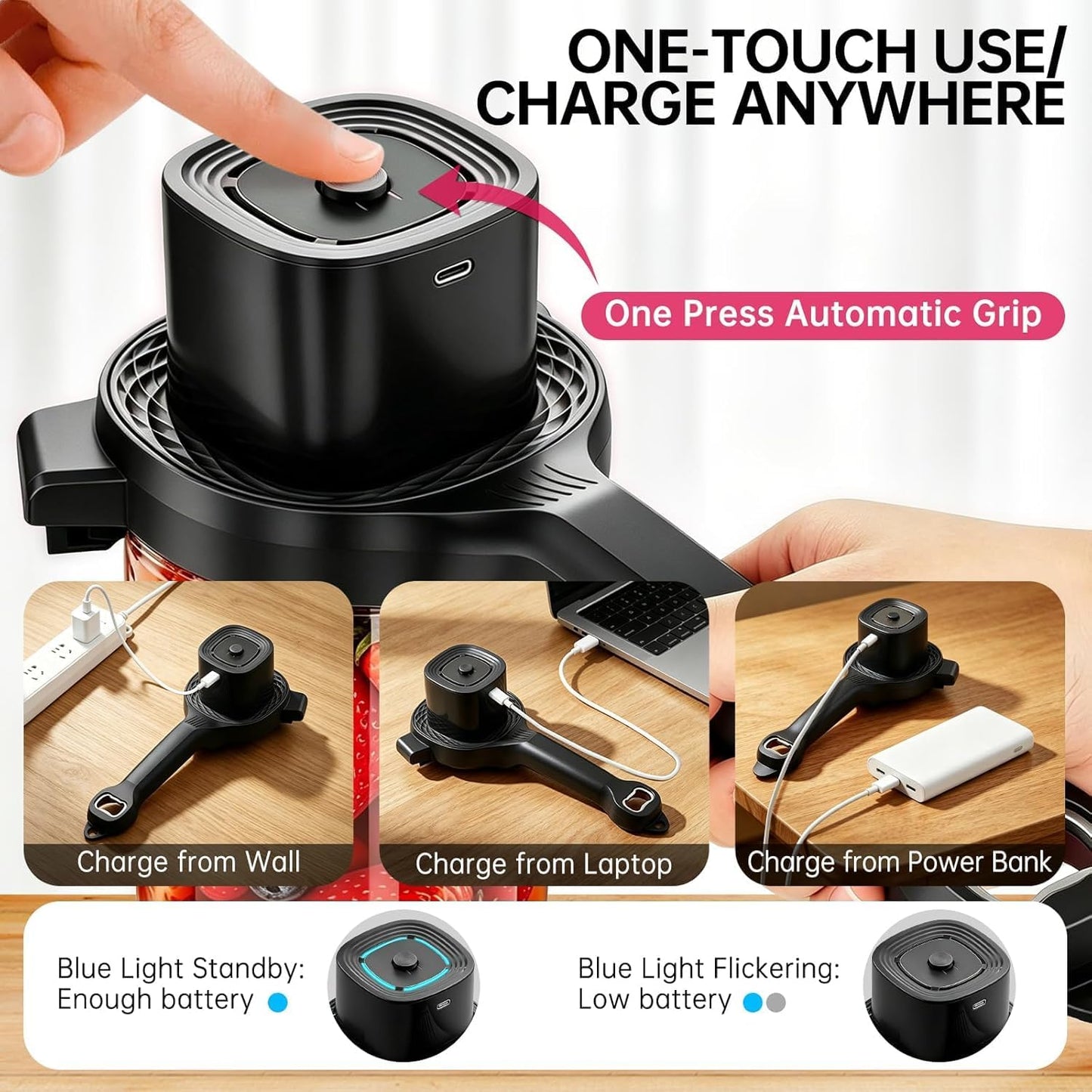 Electric Jar Opener for Seniors with Arthritis, TFCC & Weak Hands Black | Patented Power-Grip Auto-Tighten Manual Lid Opener, Rechargeable 2-in-1 Jar & Bottle Opener with Storage Hook & Non-Slip Pad