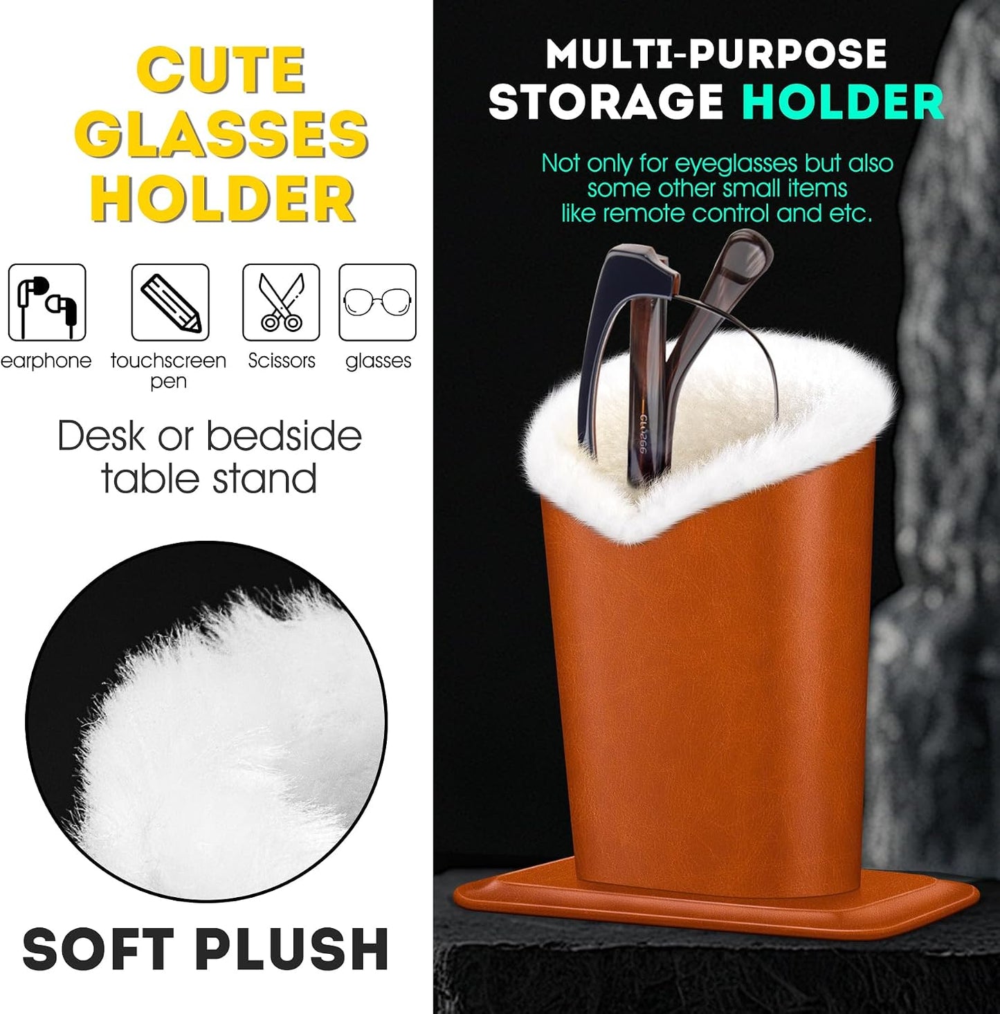 Plush Lined Eyeglasses Holder, PU Leather Glasses Stand Case