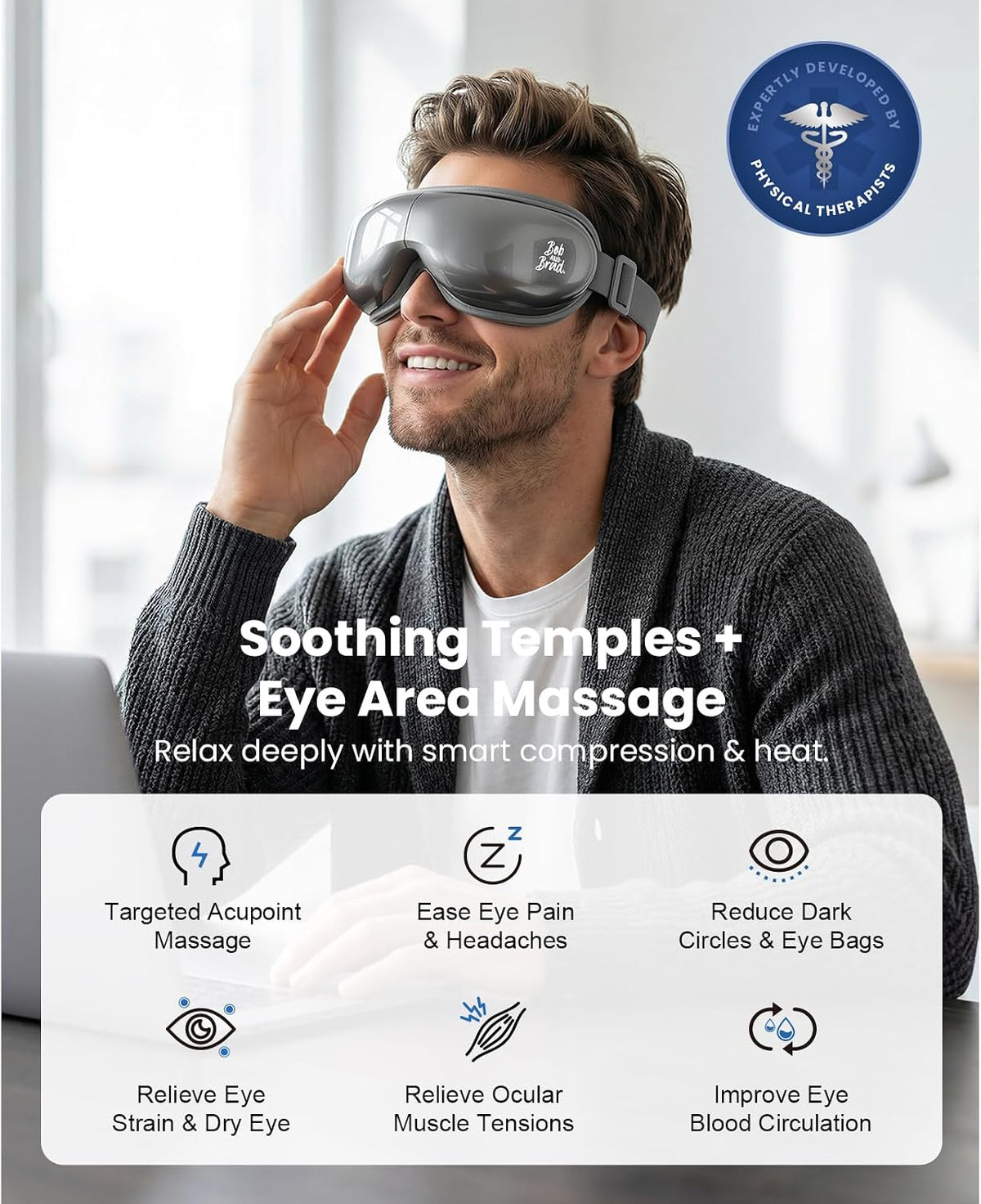 BOB AND BRAD Eye Massager with Heat and Cooling, FSA Eligible HSA Birthday Gifts for Women Men, Heated Eye Massager for Migraine, Heated Eye Mask for Dry Eye Head Tension and Stress Relief