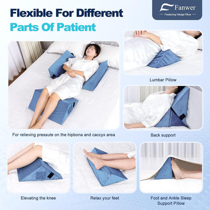 Fanwer Positioning Wedge Pillow for Side Sleeping (3 in 1), 40 Degree Triangle Bed Wedges & Body Positioners for Back Pain, Preventing Bedsores, After Surgery, Knees Elevated, Pregnancy
