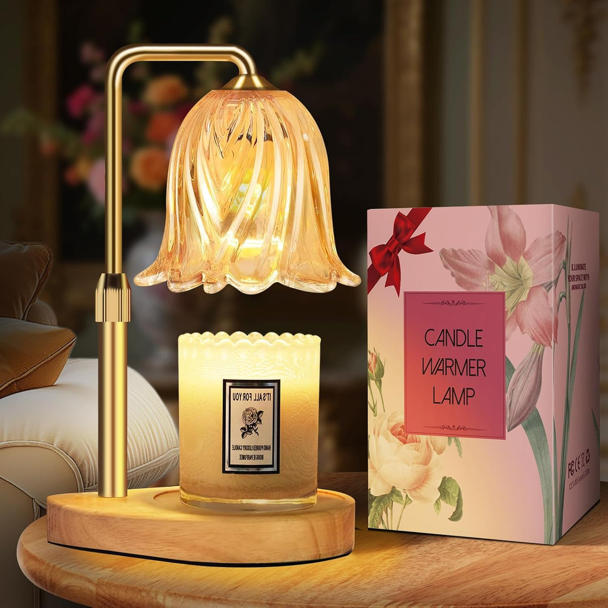 Candle Warmer Lamp with Timer Dimmable: Birthday Gifts for Women Adjustable Height Candles Light Warmers Lamps Gold Crystal Candle Warmer, House Warming Gift New Home Decor, for Women