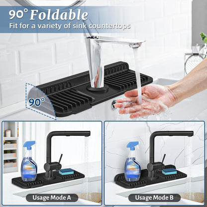PoYang 24 Inch Faucet Mat for Kitchen Sink Splash Guard, Silicone, Black | Sink Protectors with 7° Slope for Smooth Drainage, Snap Button Holds It in Place, 90° Foldable & Cuttable Hole Fit Most Sinks
