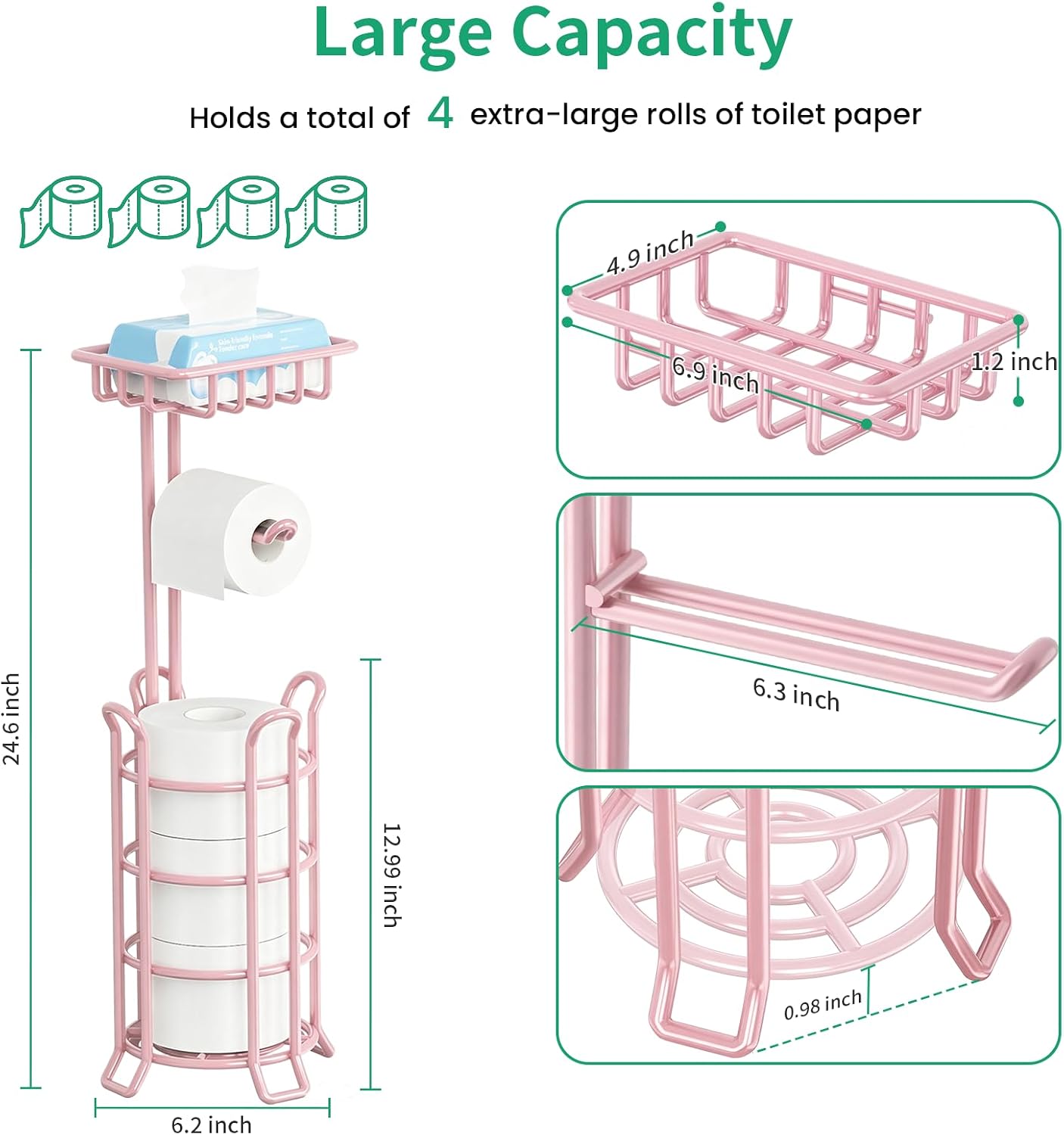 TomCare Toilet Paper Holder Free Standing with Shelf, Stable 4 Raised Feet | Stores 4 Mega Rolls, Tool-Free Assembly, Powder-Coated Metal Frame, Bathroom Storage Organizer for Spare Rolls, Silver