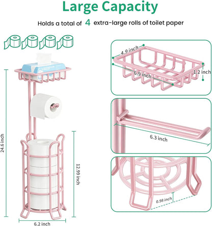 TomCare Toilet Paper Holder Free Standing with Shelf, Stable 4 Raised Feet | Stores 4 Mega Rolls, Tool-Free Assembly, Powder-Coated Metal Frame, Bathroom Storage Organizer for Spare Rolls, Silver