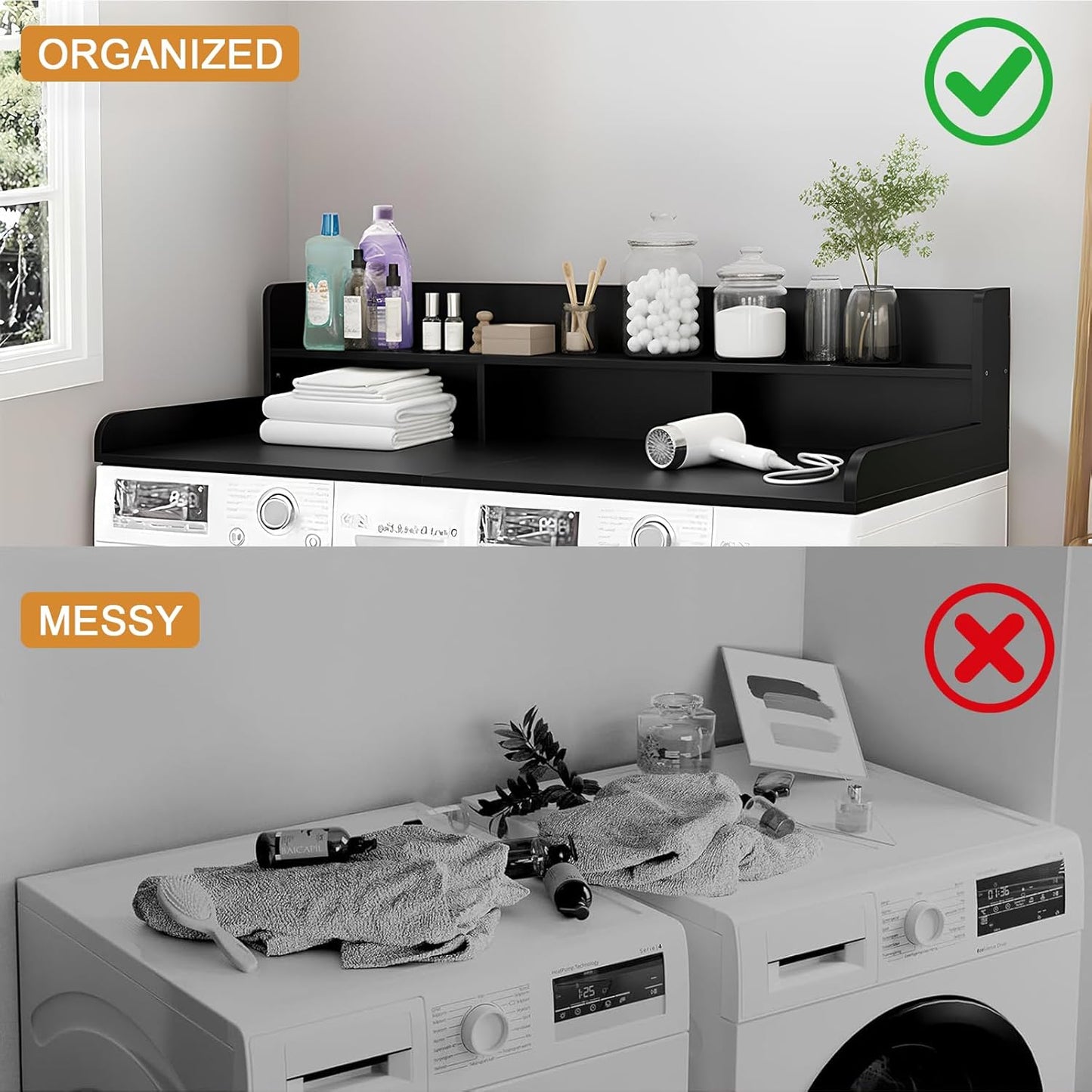 Washer Dryer Countertop with Shelf, 2-Tier Laundry Countertop Over Washer and Dryer, 54" x 27.55" Wooden Table for Folding Clothes for Laundry Room Organization and Storage (Oak)