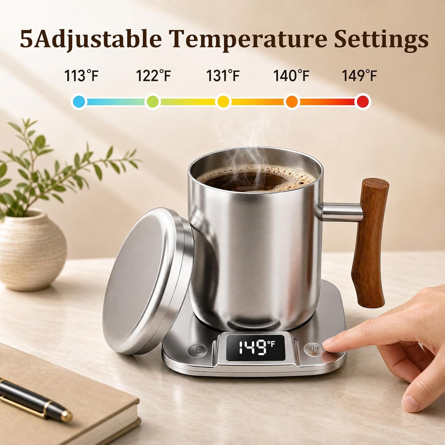 Smart Electric Heated Coffee Mug with Temperature Control, 5 Settings & Display, Auto Shut-Off, Fast Heating Warmer Set with Stainless Steel Coffee Mug (14oz-Black)
