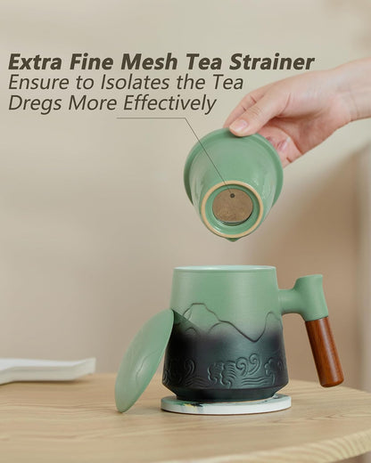 ZENS Tea Cup with Infuser and Lid & Coaster for Tea Steeper, 15oz Blue | Embossed Ceramic Tea Infuser Mug for Loose Leaf Tea Difussers, Tea Lovers Gifts, Nature Wood Handle