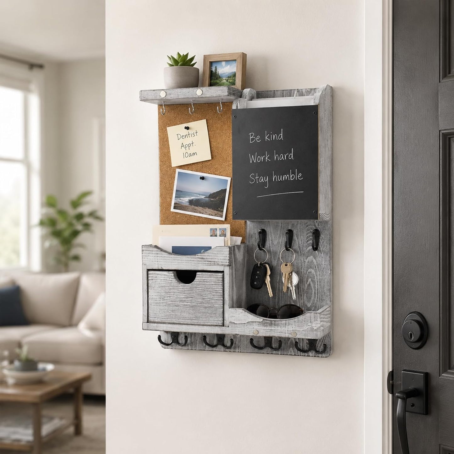 Key Holder for Wall Mount with Shelf and Mail Organizer, Key and Mail Holder with 16 Hooks, Farmhouse Entryway Organizer, Home Decor Rack (Pine Wood, White Washed)