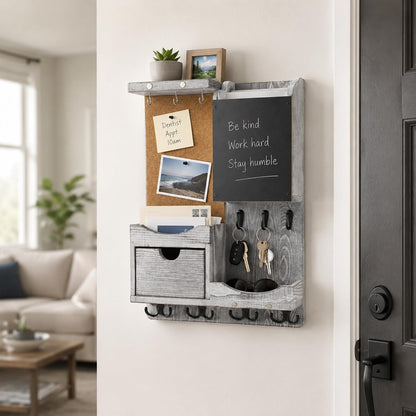 Key Holder for Wall Mount with Shelf and Mail Organizer, Key and Mail Holder with 16 Hooks, Farmhouse Entryway Organizer, Home Decor Rack (Pine Wood, White Washed)