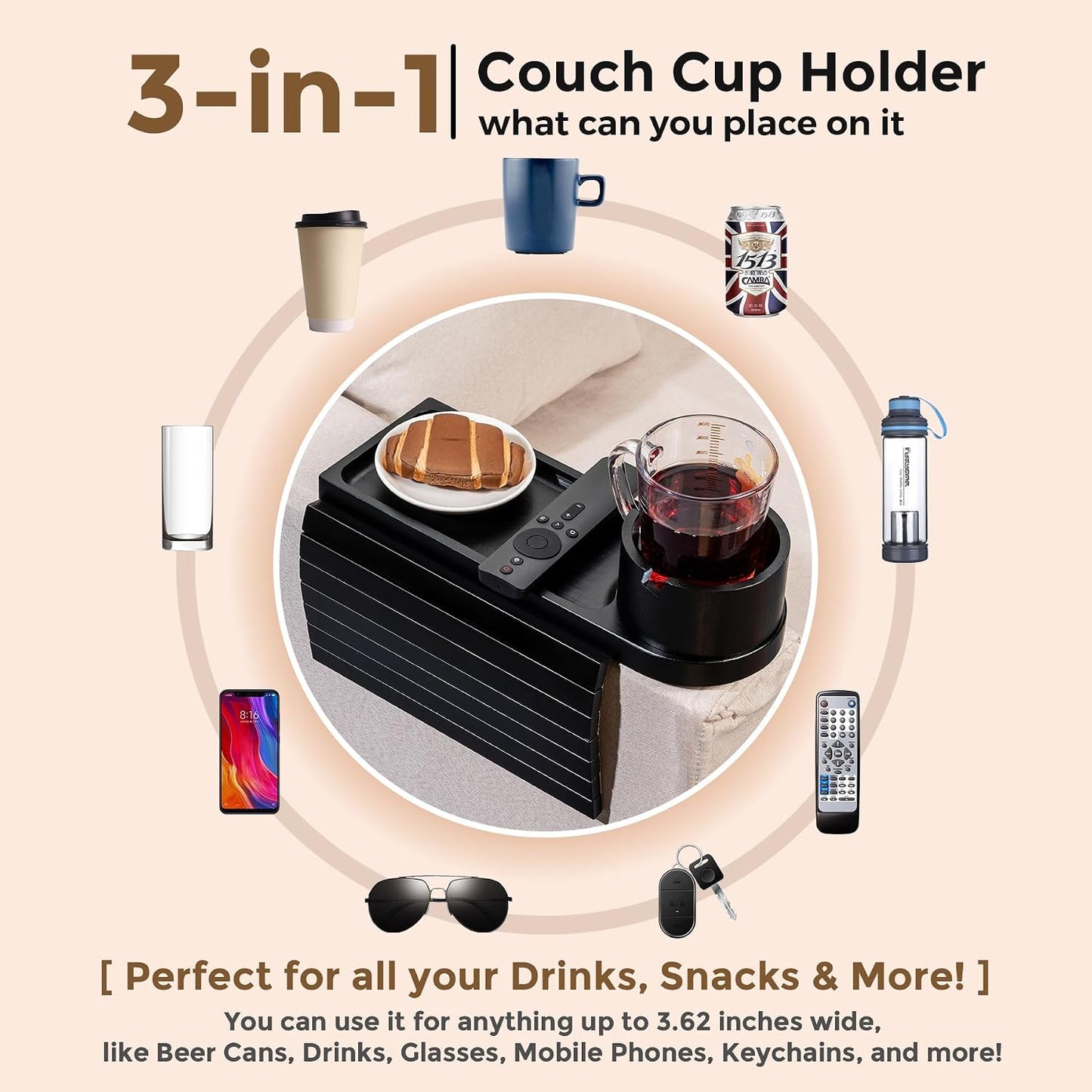Couch Cup Holder for Armrests Over 4.9" Wide with 360° Phone Stand Walnut | Couch Arm Tray with 360° Rotating Phone Stand, 3 in 1 Foldable Sofa Arm Tray Table for Remote, Snacks, Phone, Drinks