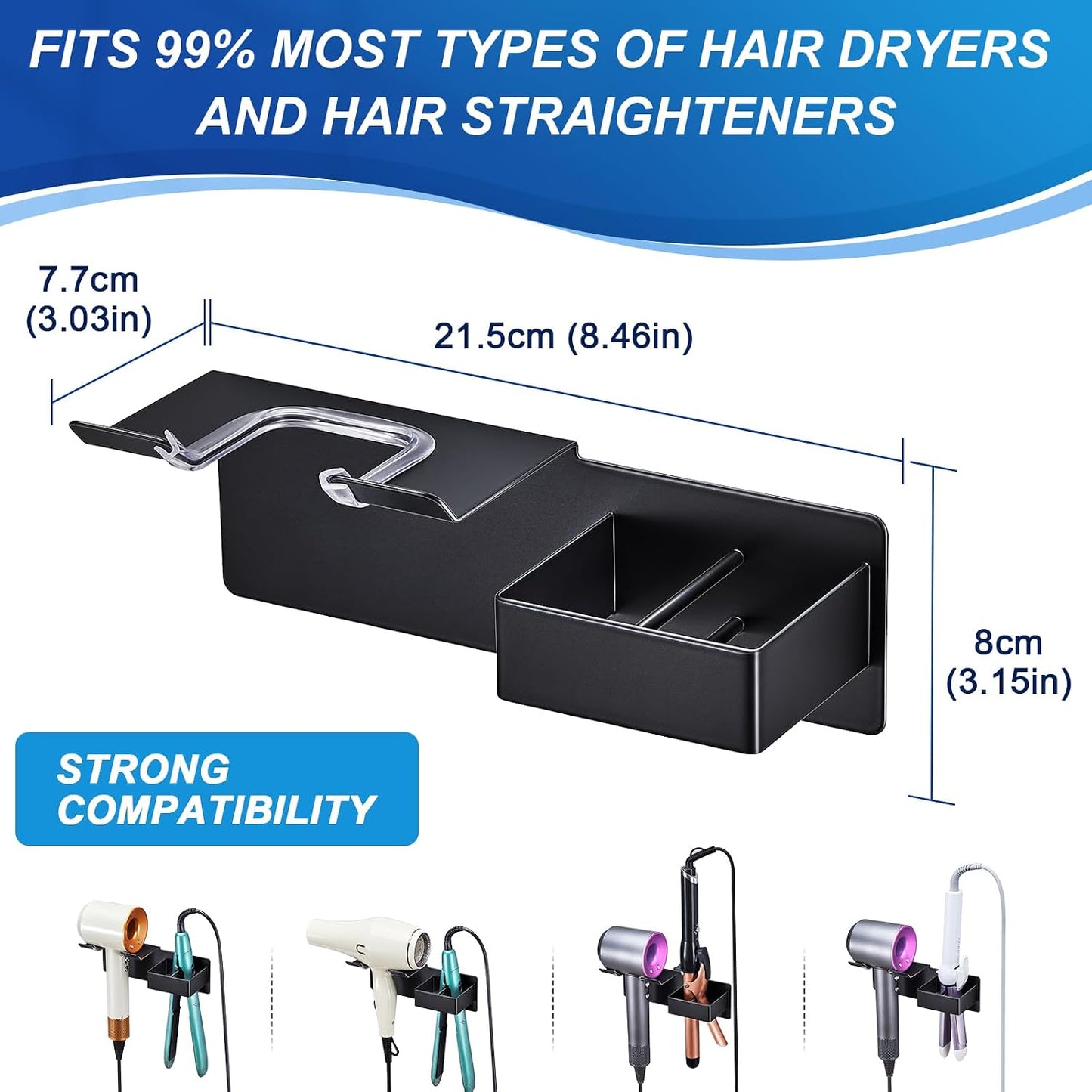 Hair Dryer Holder Wall Mounted, Hair Straightener Holder Metal, Adhesive Blow Dryer and Hair Straightener Holder, Bathroom Bedroom Hair Tool Organizer for Flat Iron,Curling Iron,Hairdryer (White)