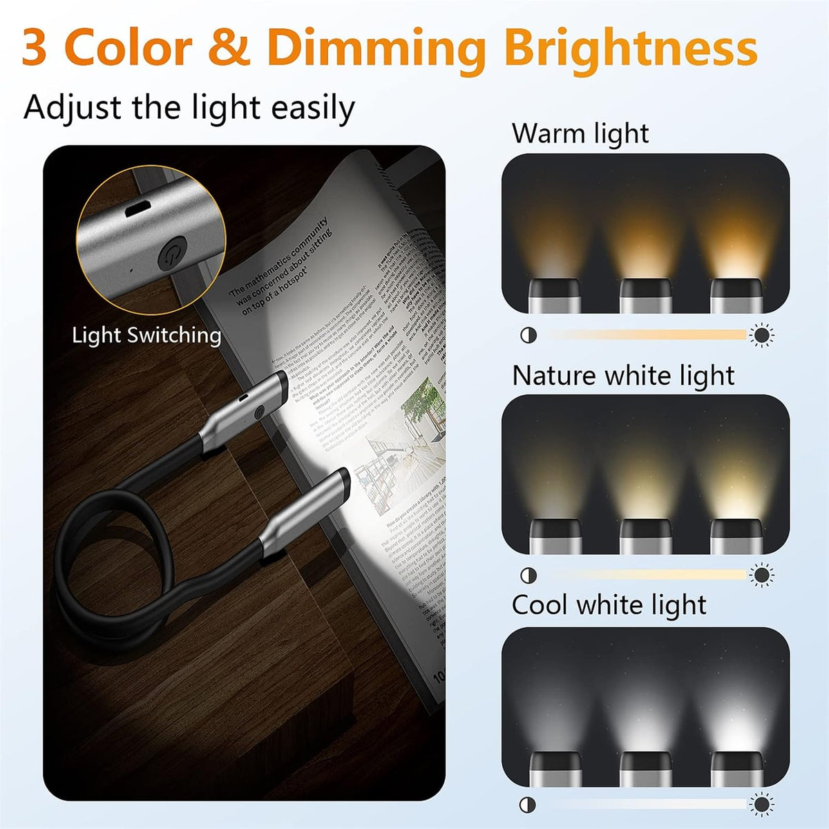 Book Light LED Neck Reading Light,Bendable Rechargeable Book Light for Reading in Bed,Eye Friendly - 3 Colors & 3 Brightness Levels Perfect for Bookworms Kids Crafts Knitting Travel (White)