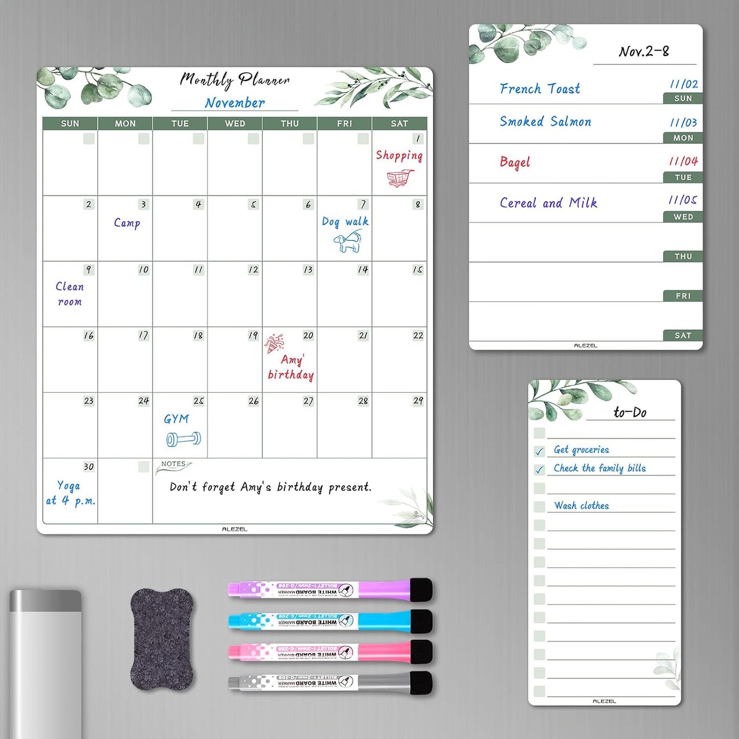 ALEZEL Magnetic Dry Erase Calendar for Refrigerator, Fridge Calendar Set | Includes Vertical Magnetic Monthly Planner Whiteboard & Weekly Dry Erase Board, List Board, 4 Markers + Eraser