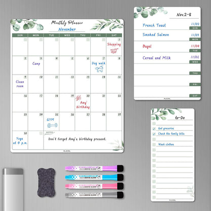 ALEZEL Magnetic Dry Erase Calendar for Refrigerator, Fridge Calendar Set | Includes Vertical Magnetic Monthly Planner Whiteboard & Weekly Dry Erase Board, List Board, 4 Markers + Eraser