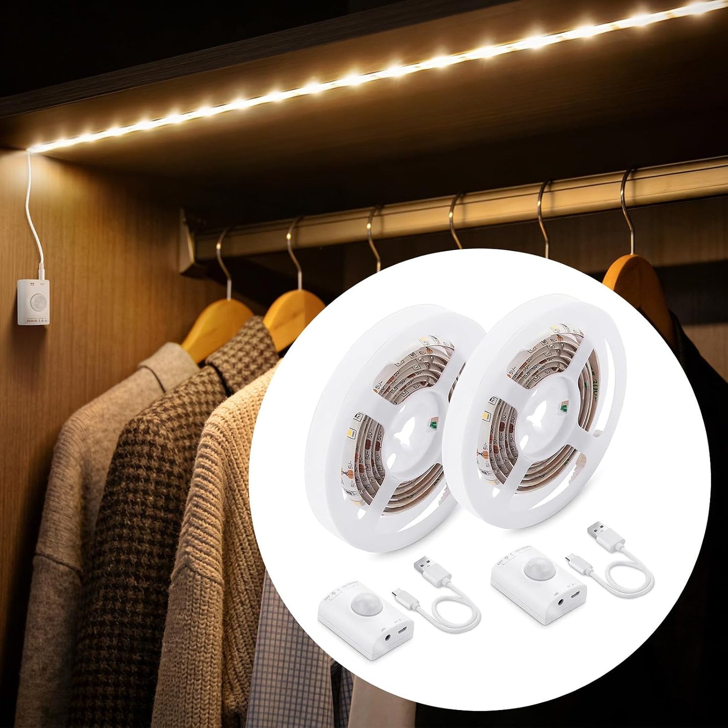 Rechargeable Motion Sensor LED Strip for Cabinet (2Pack-6.6FT, Cool White) | Motion Activated, 1500mAh Battery, Cuttable, Auto On/Off, Self-Adhesive, for Kitchen, Stairwell, Hallway, Garage, Basement