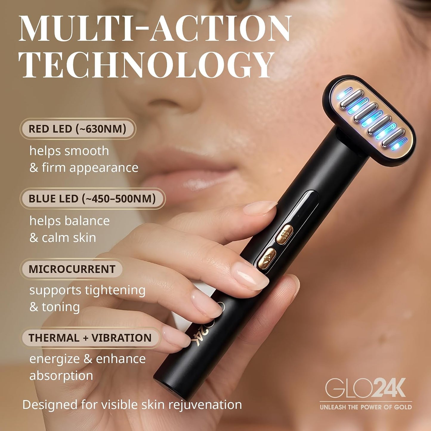 GLO24K Heated Eye Wand & Eye Massager Tool - Gentle Warmth & Vibration for Smoother-Looking Skin, Refreshing Under-Eyes Massage, Portable Beauty Device